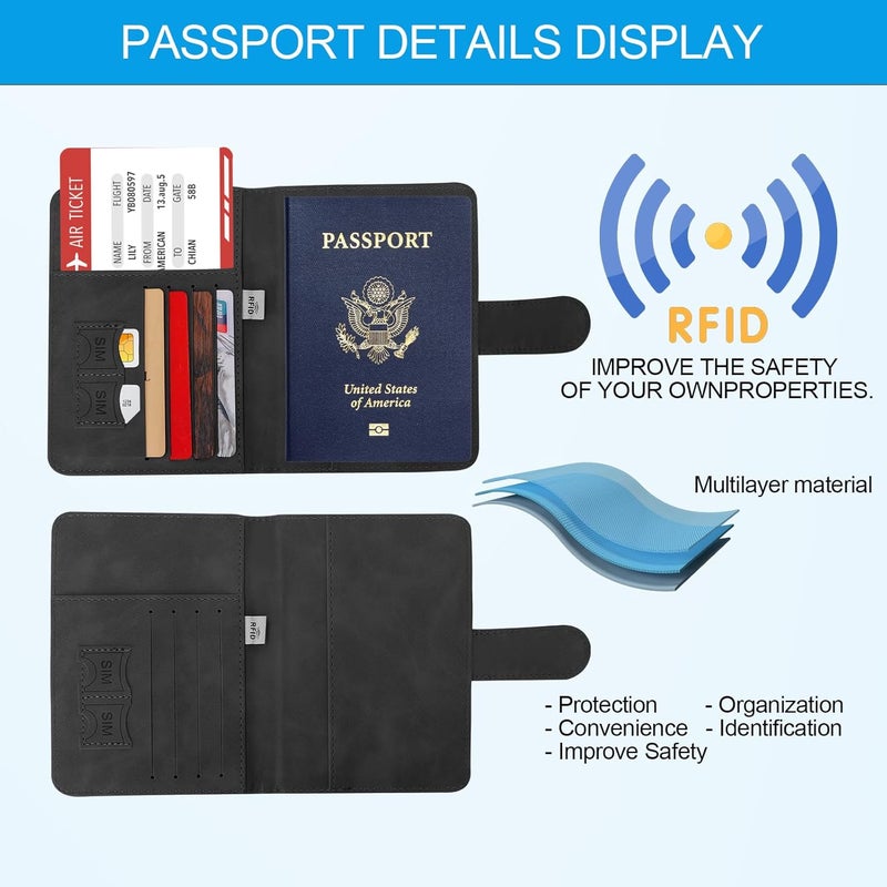 Sovirose Passport Holders, RFID Blocking Credit Card Holder, PU Leather Vaccine Card Holders for Travel with Magnetic Buckle, Travel Must Haves Cruise Ship Essentials for Men, Women (Black) - Image 3